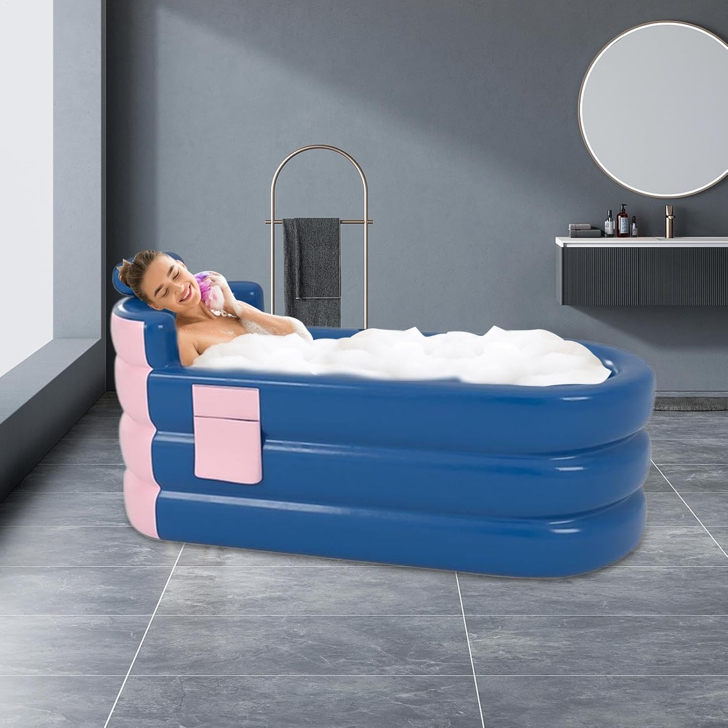 ⭐ Luxus Whirlpools – Aufblasbare Badewanne, faltbare Warmwasserbadewanne, tragbare Eiswanne, Kaltwanne, Einweichen mit Kopfstütze, Lordosenstütze, seitliche Aufbewahrungstasche für Erwachsene, Familie, Whirlpool – Bild 9