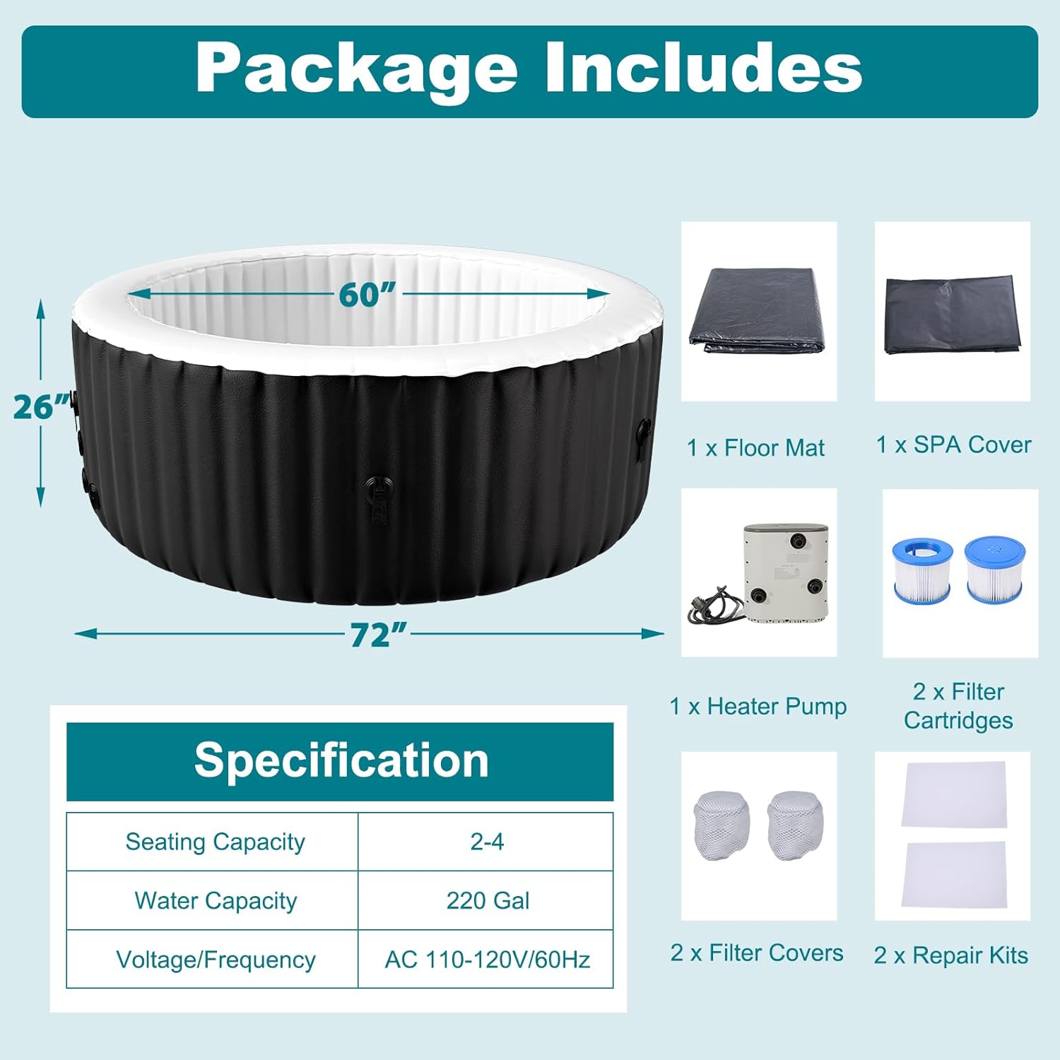 ⭐ Luxus Whirlpools – Aufblasbare heiße Badewanne, runde tragbare Badewanne für 2–4 Personen – Bild 2