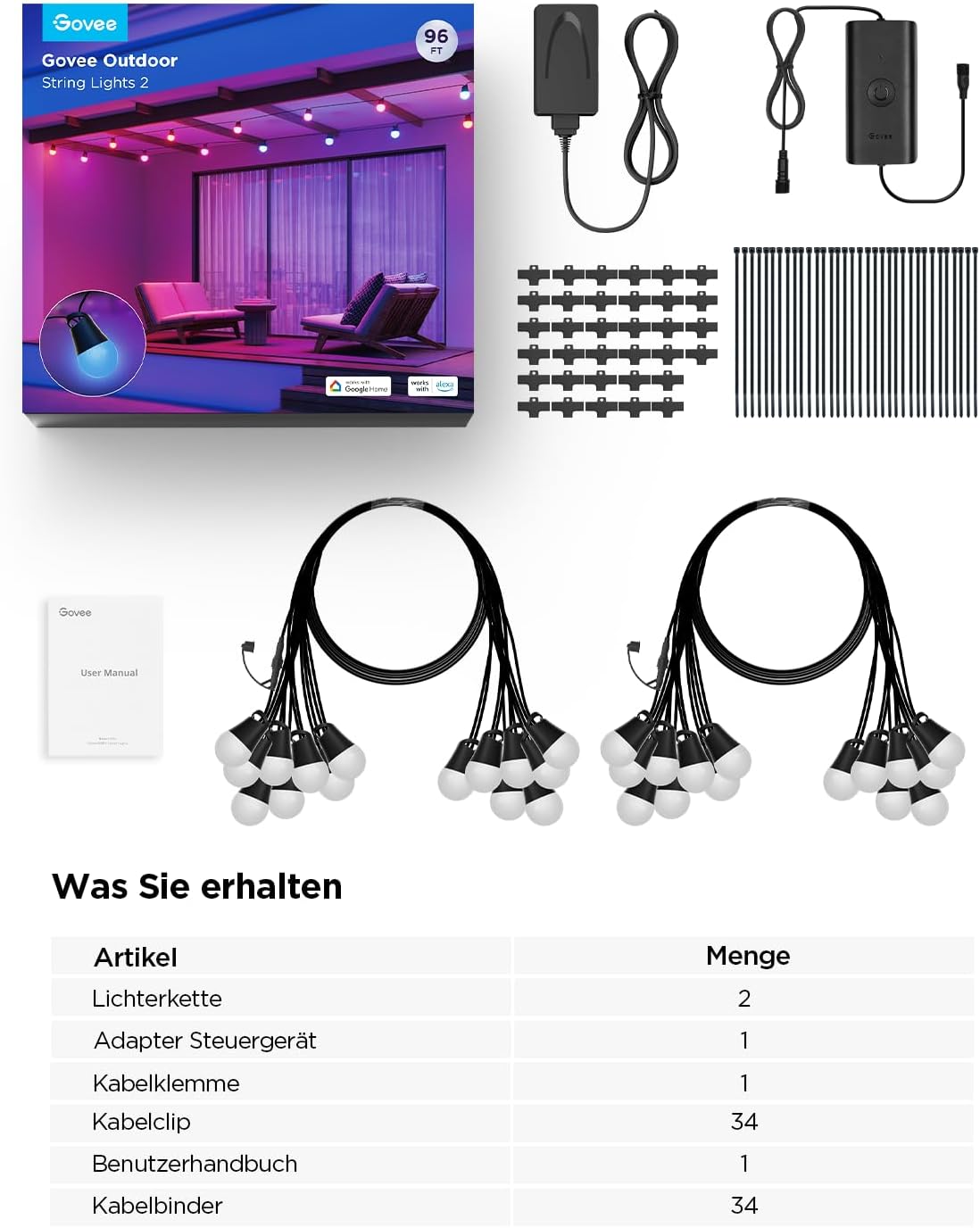 🎯 Whirlpool Gadgets – Govee Outdoor LED Fairy Lights Outdoor 2.30 m Dimmable RGBICW Fairy Lights with 16 Million Colours and 47 Scene Modes, 100 lm per LED Life 25000 h, IP65 Waterproof, Works with Alexa, Google – Bild 9