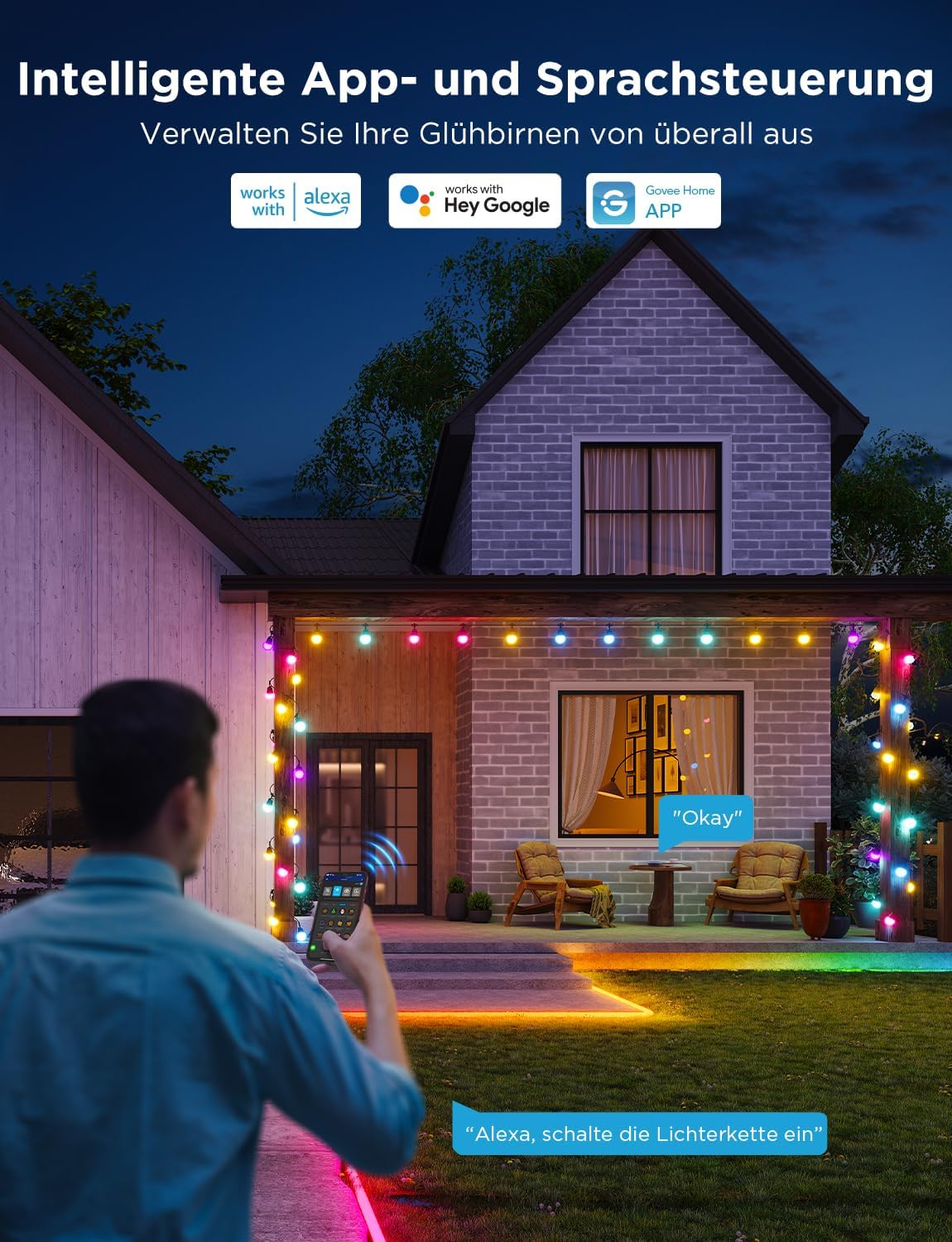 🎯 Whirlpool Gadgets – Govee Outdoor LED Fairy Lights Outdoor 2.30 m Dimmable RGBICW Fairy Lights with 16 Million Colours and 47 Scene Modes, 100 lm per LED Life 25000 h, IP65 Waterproof, Works with Alexa, Google – Bild 4