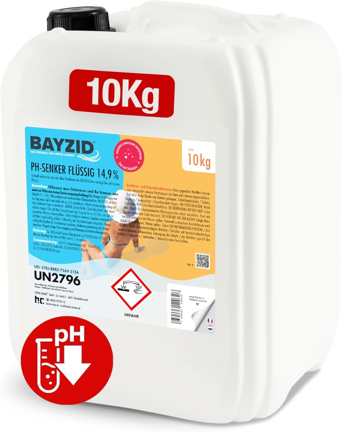 🧼 Zubehör & Pflege – 1 x 10 kg BAYZID pH reducer minus 14.9% by Höfer Chemie for pool and swimming pool to reduce the pH value