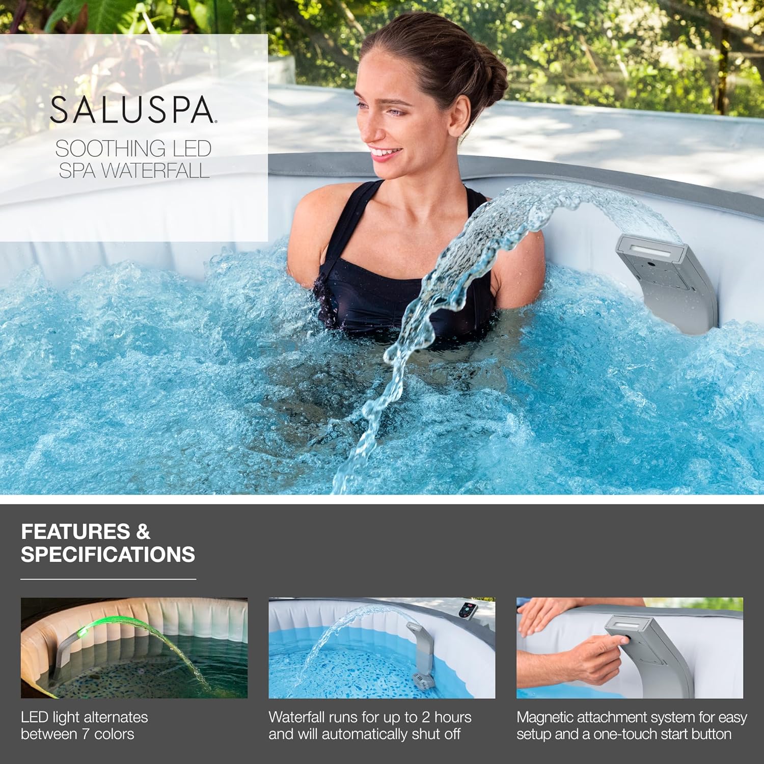 ⭐ Luxus Whirlpools – Bestway SaluSpa Wasserfallfunktion mit LED-Leuchten, integrierte Lichter mit 7 Farbmodi, kompatibel mit den meisten aufblasbaren und tragbaren SaluSpa-Whirlpools von Bestway – Bild 2
