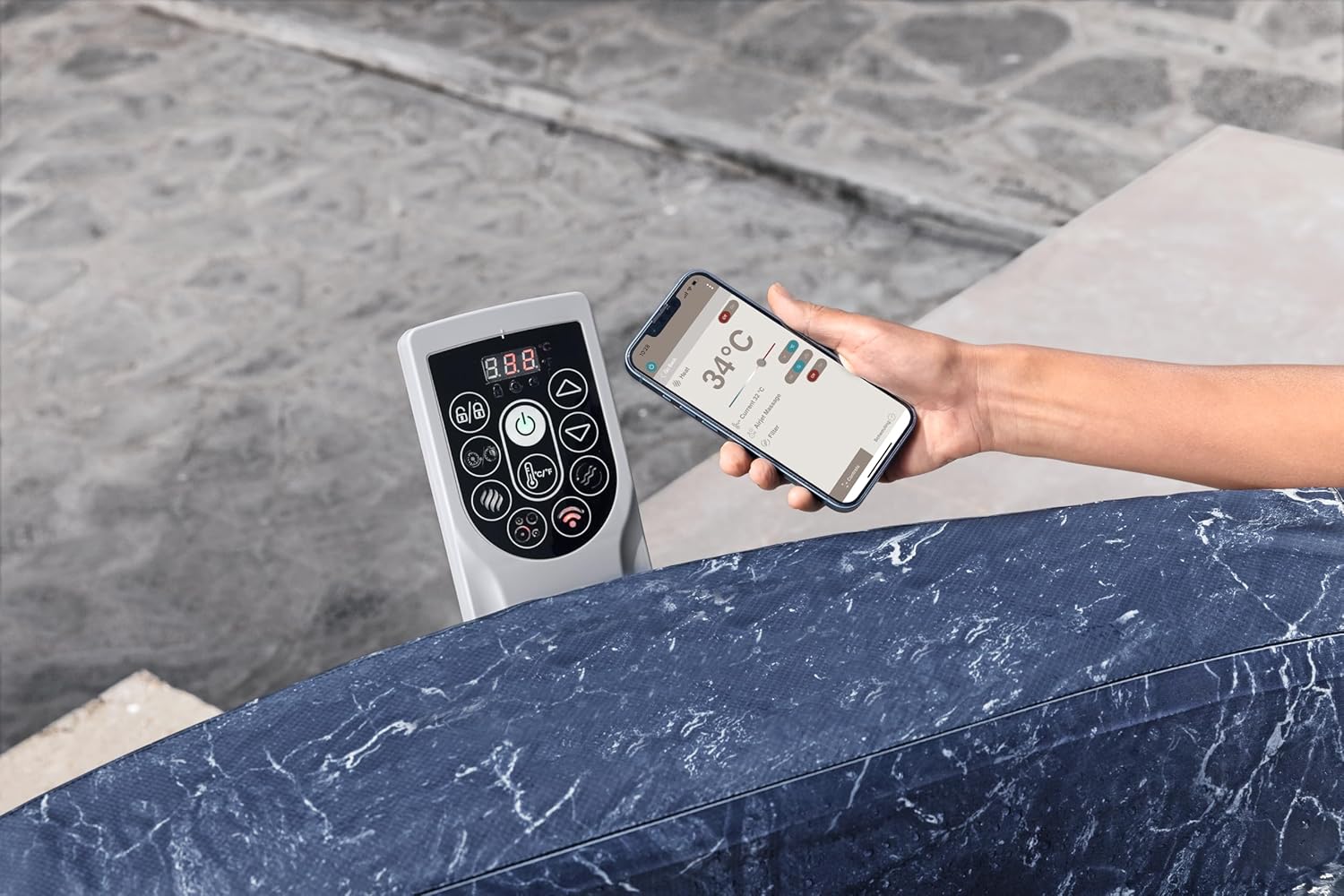 ⭐ Luxus Whirlpools – Bestway Lay-Z-SPA Toronto AirJet Whirlpool, Ø 190 x 70 cm, 7 Personen, energiesparend, Heizung, Frostschutz, 180 AirJet-Düsen, App-Steuerung, UltraFit Pumpeneinheit, Abdeckung, Holzoptik, Palisander – Bild 4