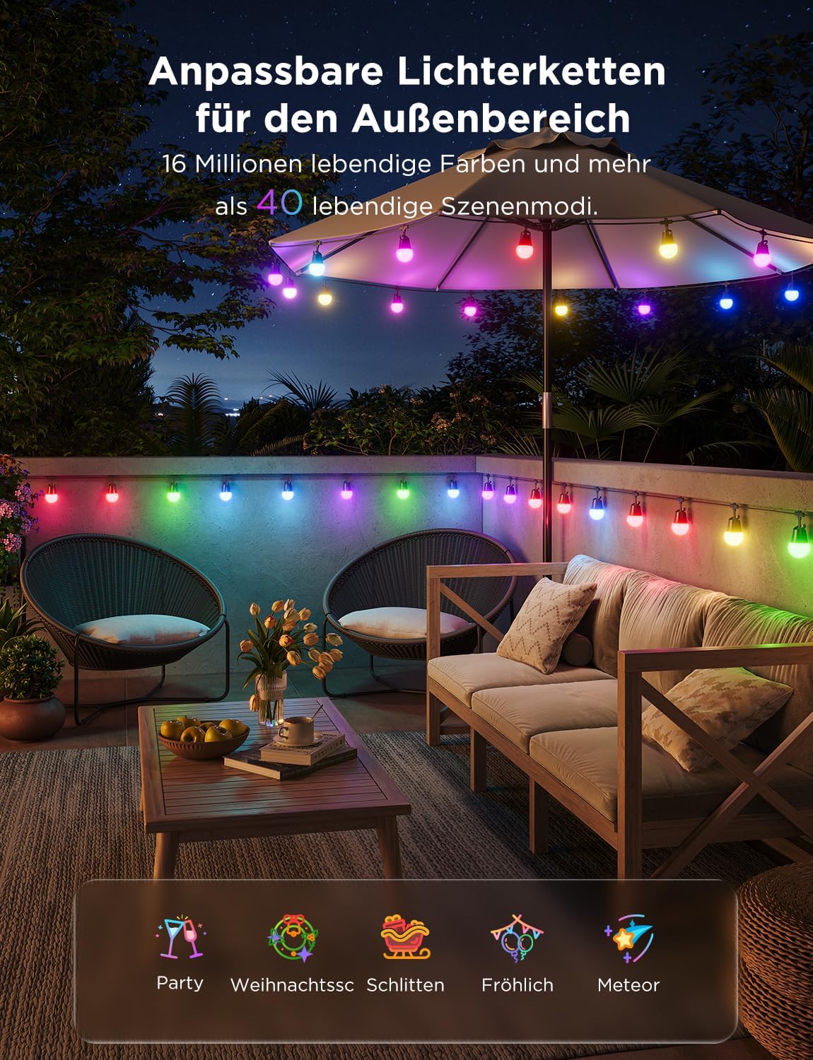 🎯 Whirlpool Gadgets – Govee Outdoor LED Fairy Lights Outdoor 2.30 m Dimmable RGBICW Fairy Lights with 16 Million Colours and 47 Scene Modes, 100 lm per LED Life 25000 h, IP65 Waterproof, Works with Alexa, Google – Bild 3