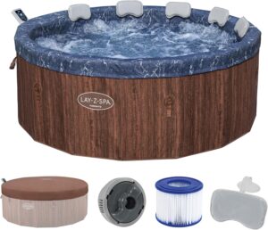 ⭐ Luxus Whirlpools – Bestway Lay-Z-SPA Toronto AirJet Whirlpool, Ø 190 x 70 cm, 7 Personen, energiesparend, Heizung, Frostschutz, 180 AirJet-Düsen, App-Steuerung, UltraFit Pumpeneinheit, Abdeckung, Holzoptik, Palisander