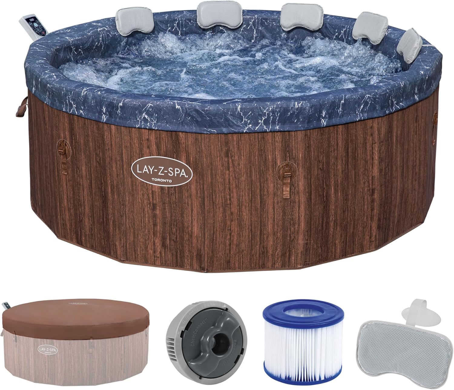 ⭐ Luxus Whirlpools – Bestway Lay-Z-SPA Toronto AirJet Whirlpool, Ø 190 x 70 cm, 7 Personen, energiesparend, Heizung, Frostschutz, 180 AirJet-Düsen, App-Steuerung, UltraFit Pumpeneinheit, Abdeckung, Holzoptik, Palisander
