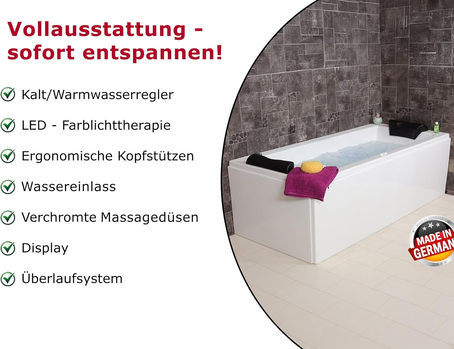 🧼 Zubehör & Pflege – Relax Profi Whirlpool Bathtub - Made in Germany - Corner Mounting (180 x 80 cm) - 24 Massage Nozzles, Heating, Ozone Disinfection, Colour Light & Bluetooth Radio - Without Fittings – Bild 5