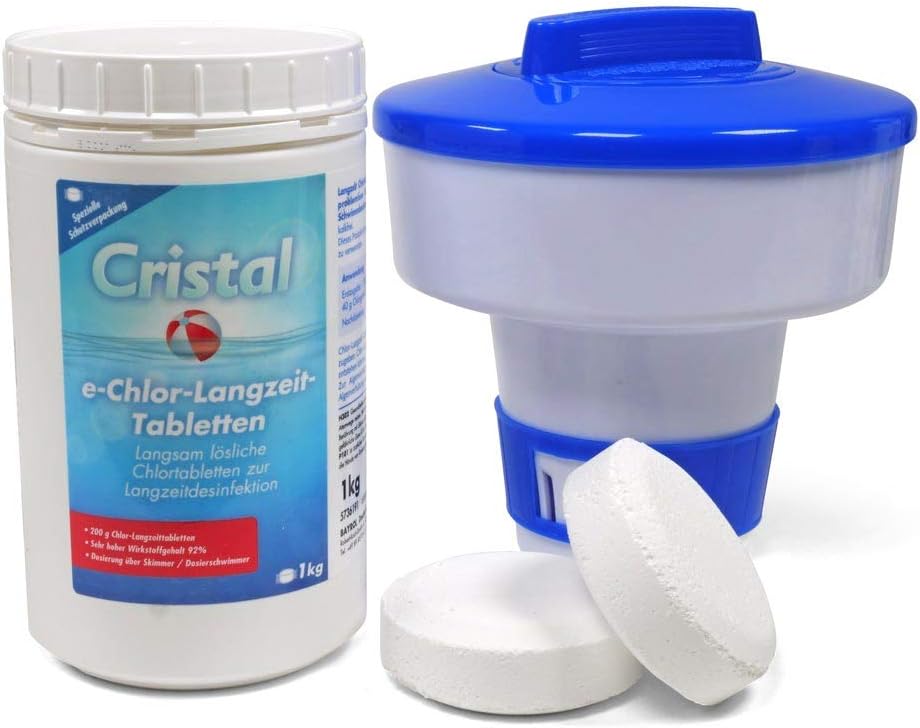 🧼 Zubehör & Pflege – Cristal Chlorine Long-Term Tablets 200 g - 1 kg Bucket with Dosing Float - Slow Dissolving for Pools from 20 m³ - High Active Chlorine Content - Long-term Disinfection