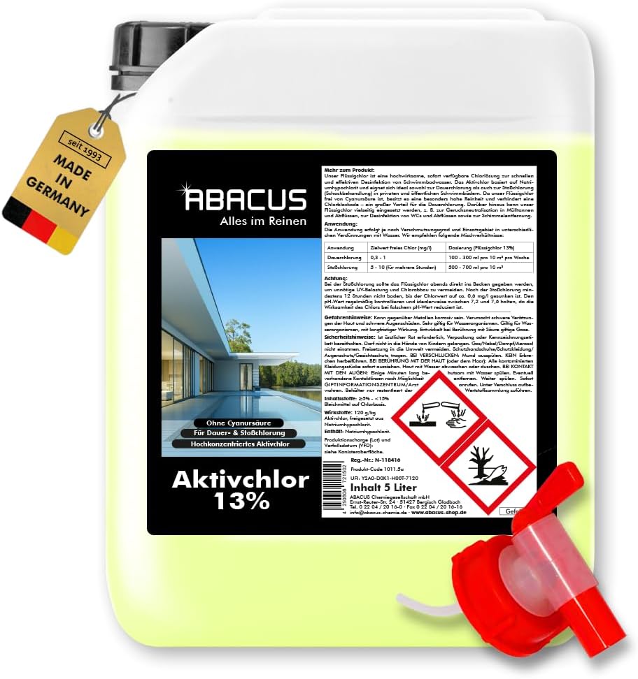🧼 Zubehör & Pflege – ABACUS Liquid Chlorine 13-15% | 5L Canister | Pool Chlorine for Disinfecting Pool & Swimming Pool | Highly Effective Active Chlorine for Clear Water Quality | For Continuous Chlorination and Shock