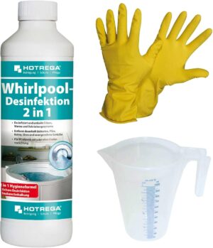 🧼 Zubehör & Pflege – HOTREGA Whirlpool Disinfectant 2-in-1 500 ml | Whirlpool Cleaner | Powerful Against Limescale Bacteria Viruses & Odours | Includes Measuring Cup and Gloves