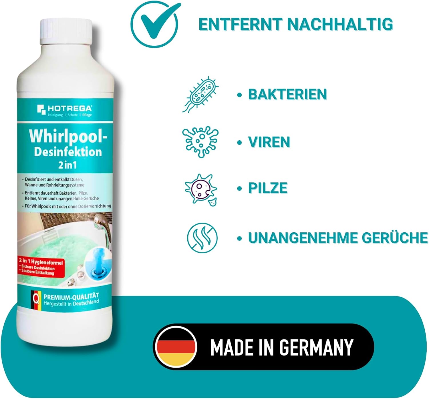🧼 Zubehör & Pflege – HOTREGA Whirlpool Disinfectant 2-in-1 4 x 500 ml | Whirlpool Cleaner | Disinfects and Descales | Powerful Against Limescale Bacteria Viruses & Odours – Bild 4
