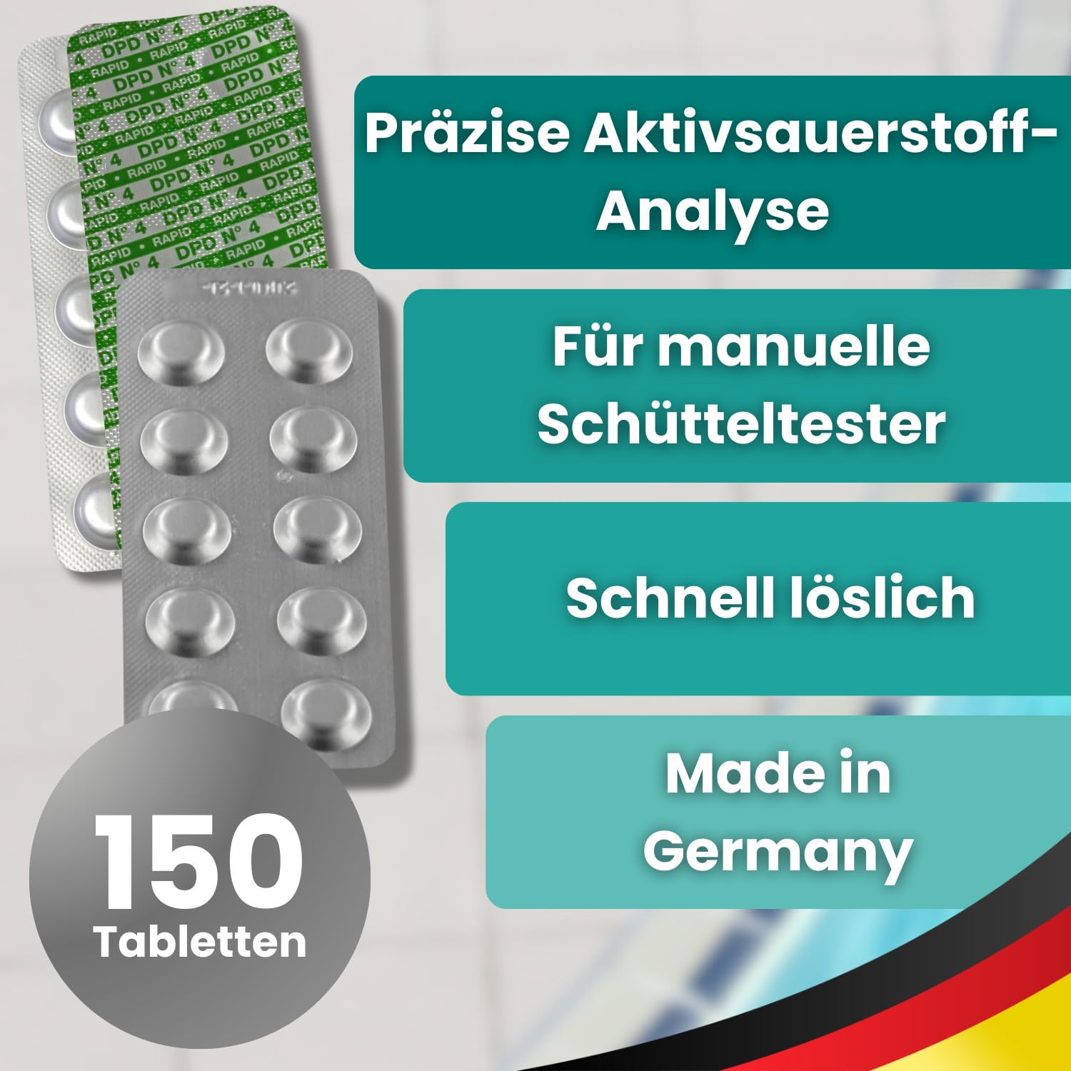 🧼 Zubehör & Pflege – DPD 4 Rapid Tablets Water-i.d. Active Oxygen Test Tablets for Pool and Whirlpool Quick Dissolving for Manual Pool Testers Made in Germany Not Suitable for Photometers (Pack of 150) – Bild 2