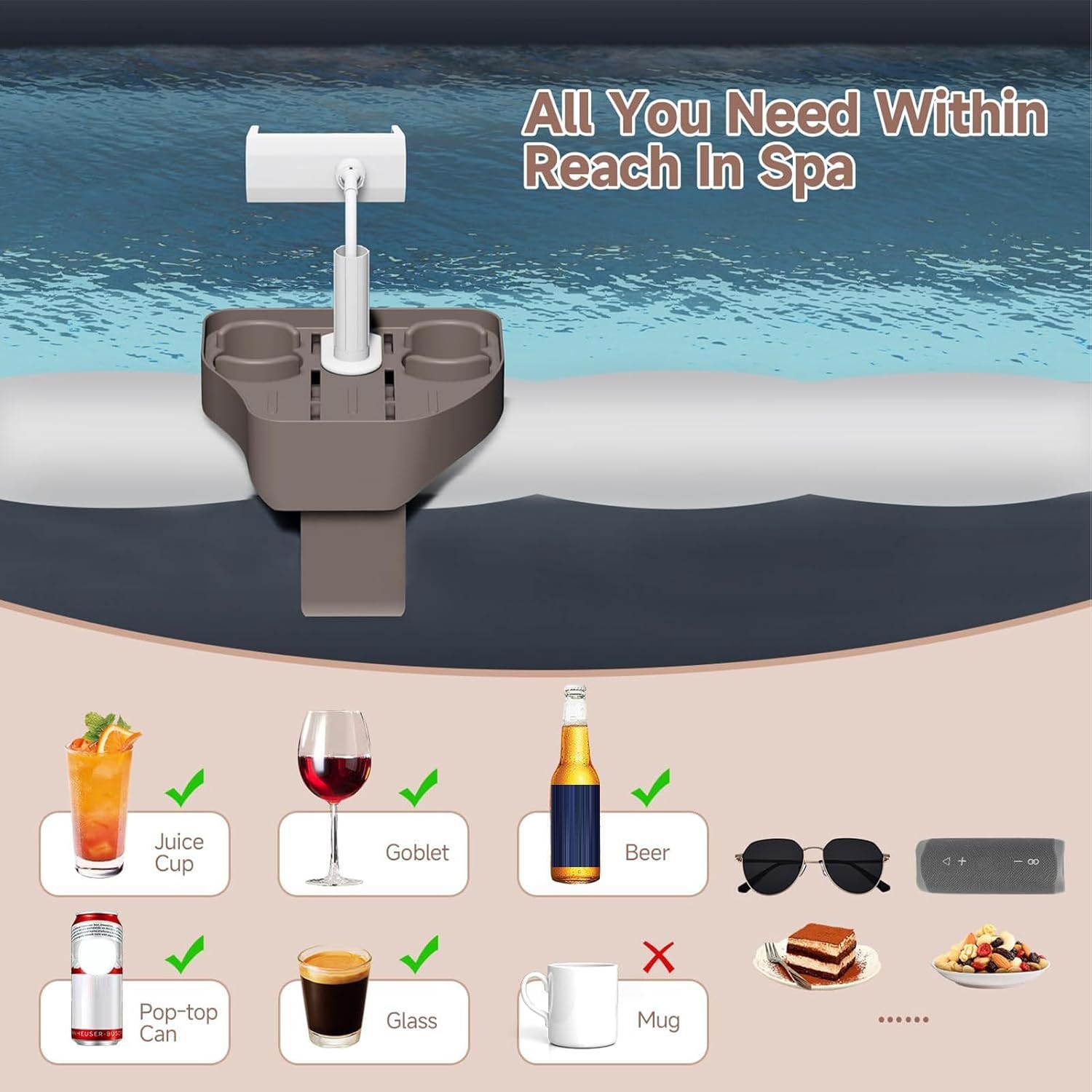 🎯 Whirlpool Gadgets – Verstellbares Badewannentablett mit 2 Getränkehaltern, Spa und Poolside Nizer für Whirlpools, aufblasbare Pools, Dusche und Barzubehör – Bild 4