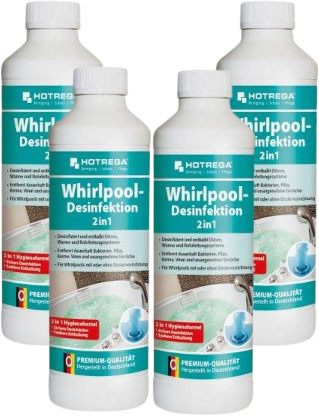 🧼 Zubehör & Pflege – HOTREGA Whirlpool Disinfectant 2-in-1 4 x 500 ml | Whirlpool Cleaner | Disinfects and Descales | Powerful Against Limescale Bacteria Viruses & Odours