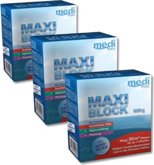 🧼 Zubehör & Pflege – Maxiblock 3-in-1 Value Set, 3 x 600 g, Organic, Slow Dissolving, Active Chlorine Content at least 90%, Disinfection, Algae Protection, Flocculation for Pools with Sand Filter Systems, with Pool Care