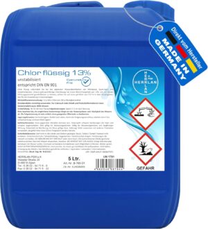 🧼 Zubehör & Pflege – Herrlan® Chlorine Liquid 13% - 5 Litre Container, 6.5 kg Net - Unstabilised & Free from Cyanuric Acid - Professional Water Disinfectant for Pool, SwimSpa & Whirlpool - Made in Germany