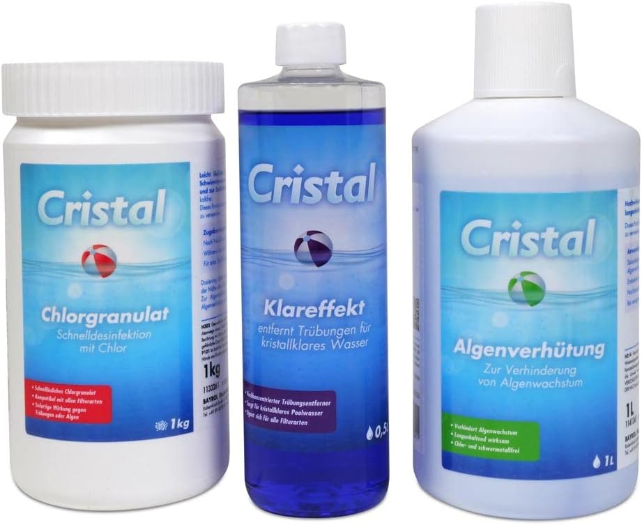 🧼 Zubehör & Pflege – Cristal Water Care Set 2.5 kg - Chlorine Granules Quickly Dissolves - Algae Prevention - Clear Effect Turbidity Remover - Care Brochure - Pool Whirlpool
