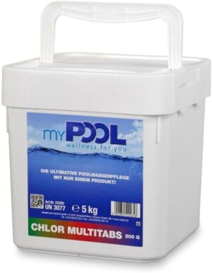 🧼 Zubehör & Pflege – myPOOL Chlorine MultiTabs 200 g - 4-in-1 Pool Care with Chlorine - Algae Killer Flocculation pH Stabilisation - Slow Dissolving Tablets for Pools from 15000 Litres (5 kg)