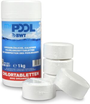 🧼 Zubehör & Pflege – myPOOL Chlordepot Long Term Tablets 200 g - Organic Long-Term Chlorine for Pool Disinfection - Slowly Dissolves for 1-2 Weeks - For Pools up to 20 m³ - Dosage via Skimmer or Dosing Float (1 kg)