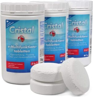 🧼 Zubehör & Pflege – Cristal Multitabs E-Chlorine 200 g - 3 kg Pool Care Set - 5-in-1 Long-Term Chlorine Tablets for Clean and Crystal Clear Water - For Pools from 25 m³