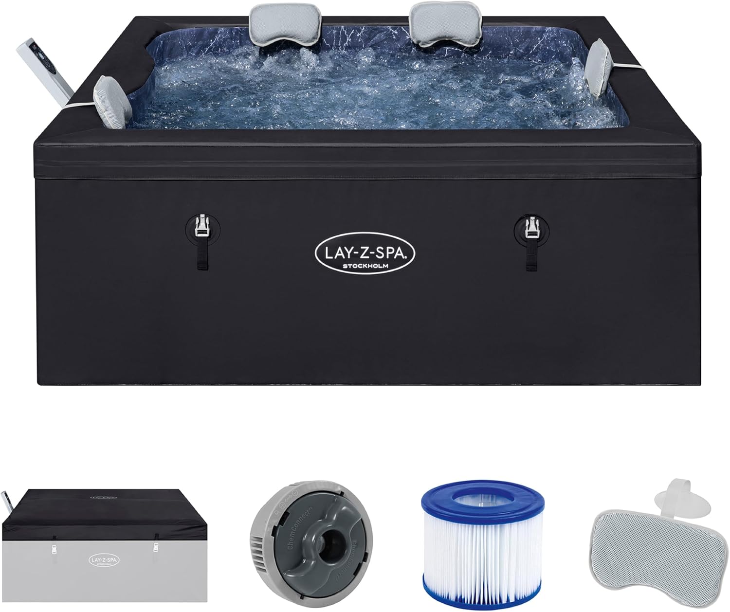 🧼 Zubehör & Pflege – Bestway Lay-Z-SPA Stockholm AirJet Energy-Saving Whirlpool 164 x 164 cm - Smart Pool for 6 People with App Control, 40°C Heating, ThermaCore Insulation & 140 Massage Jets, Winterproof & Black