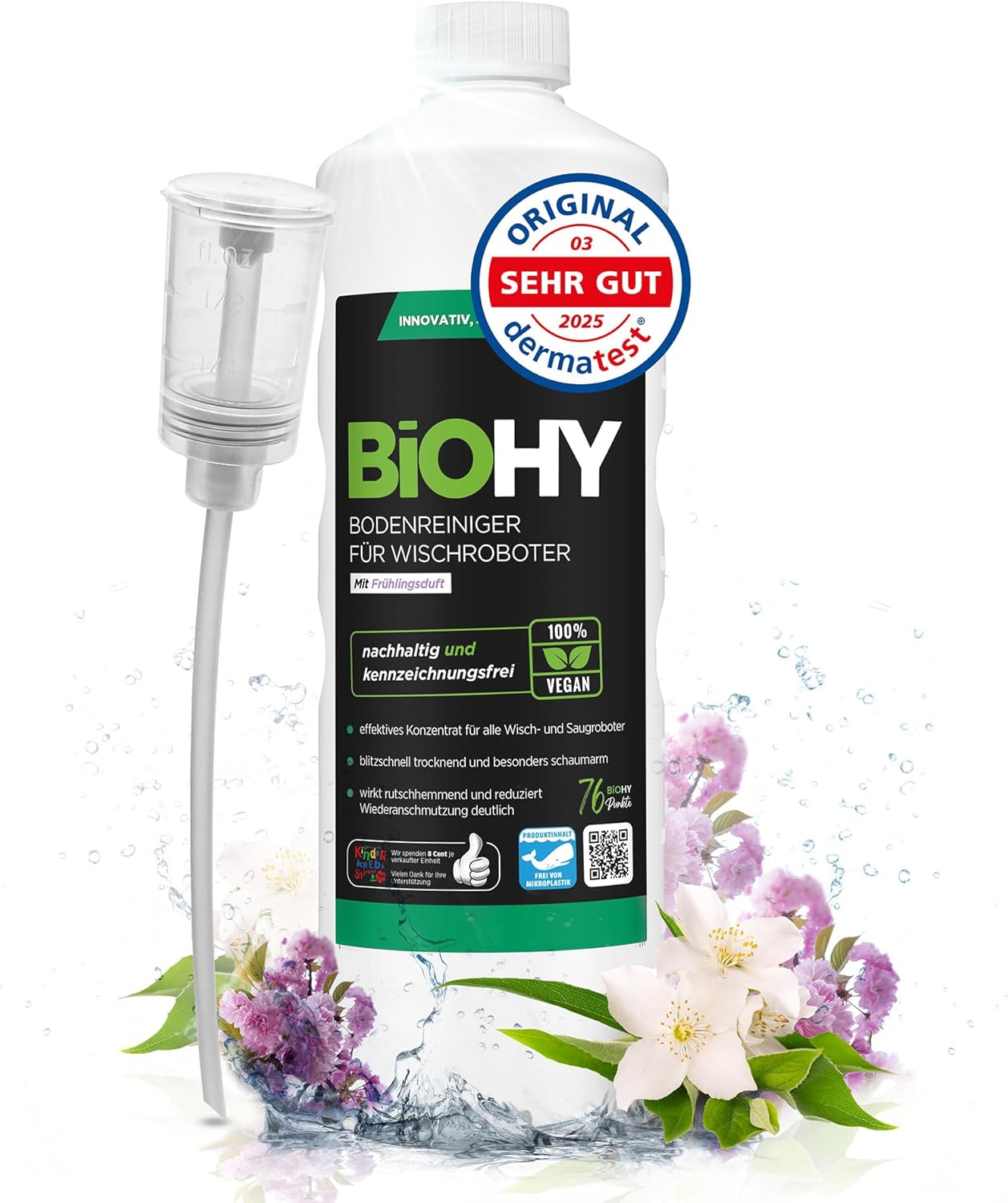 🧼 Zubehör & Pflege – BiOHY Floor Cleaner for All Mop Robots with Spring Fragrance (1 Litre Bottle) plus Dispenser, Low Foam and Streak-Free, Concentrate Cleaner for All Floors