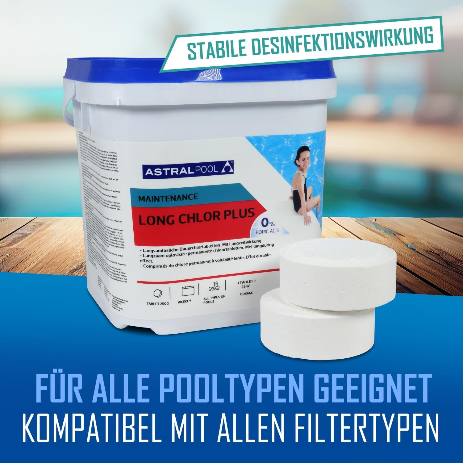 🧼 Zubehör & Pflege – Astral Pool Long Chlorine Plus 5 kg - 250 g Slow Dissolving Chlorine Tablets - Long-term Disinfection - Continuous Chlorination for Pool Water – Bild 4