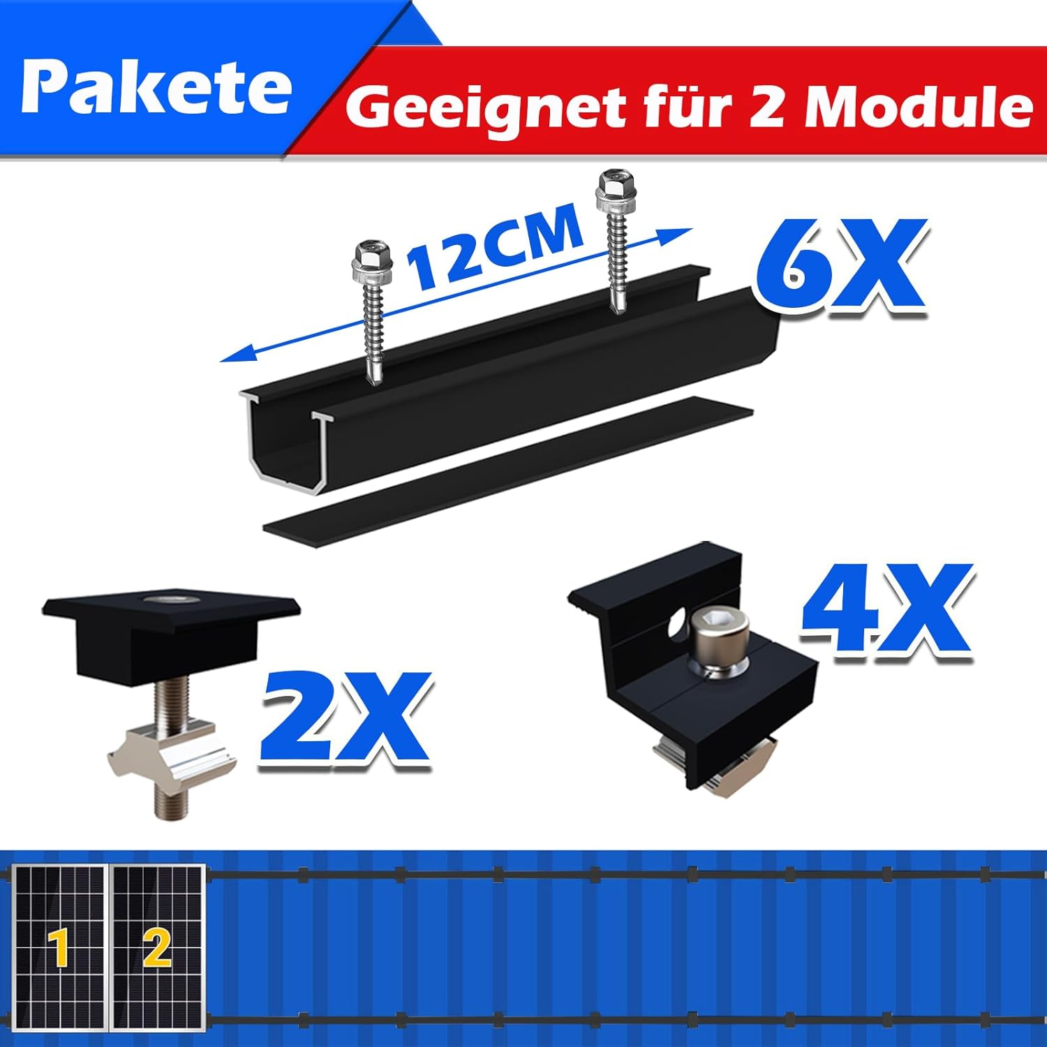 🎯 Whirlpool Gadgets – Solar Panel Mount Mounting Set, Black 12 cm Aluminium Profile and Adjustable Brackets Attachment for Solar Module, Solar Panel Mount 2 Modules 30-35 mm for Flat Roof, Trapezoidal Sheet Metal – Bild 6