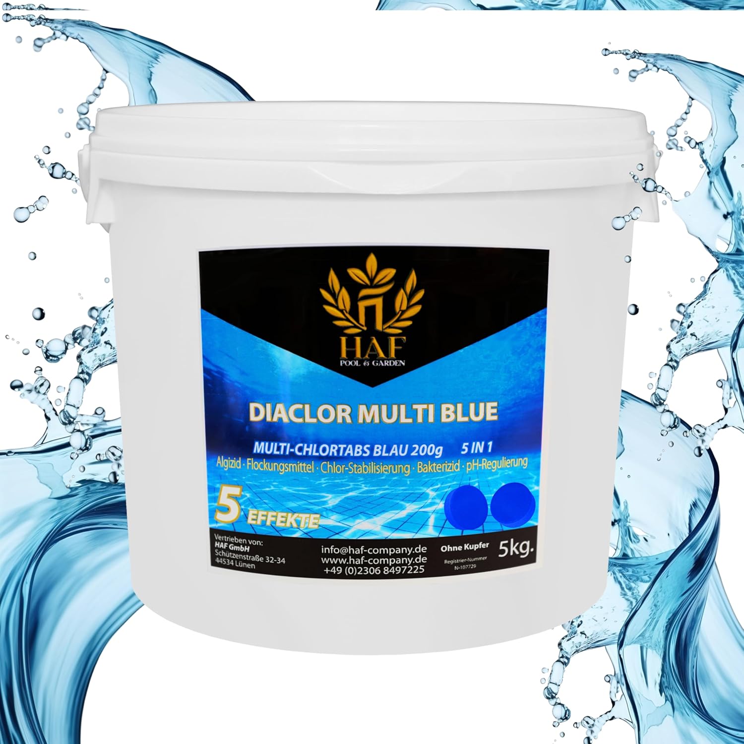 🧼 Zubehör & Pflege – HAF® Pool Chlorine Multitabs 5 in 1 Blue | 5 kg | Slow Dissolving 200g Multi Chlorine Tablets for Crystal Clear Pool Water | 5 Phase Care & Cleaning - Quality: Made in Europe - Quantity: 1 x 5 kg