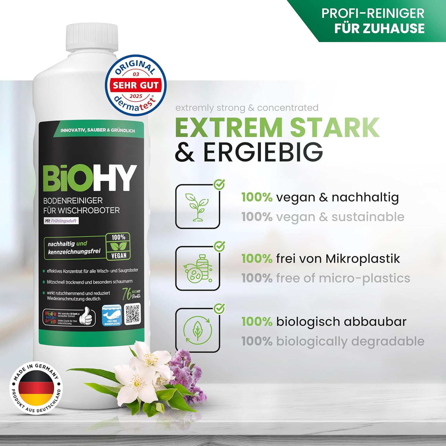 🧼 Zubehör & Pflege – BiOHY Floor Cleaner for All Mop Robots with Spring Fragrance (1 Litre Bottle) plus Dispenser, Low Foam and Streak-Free, Concentrate Cleaner for All Floors – Bild 2