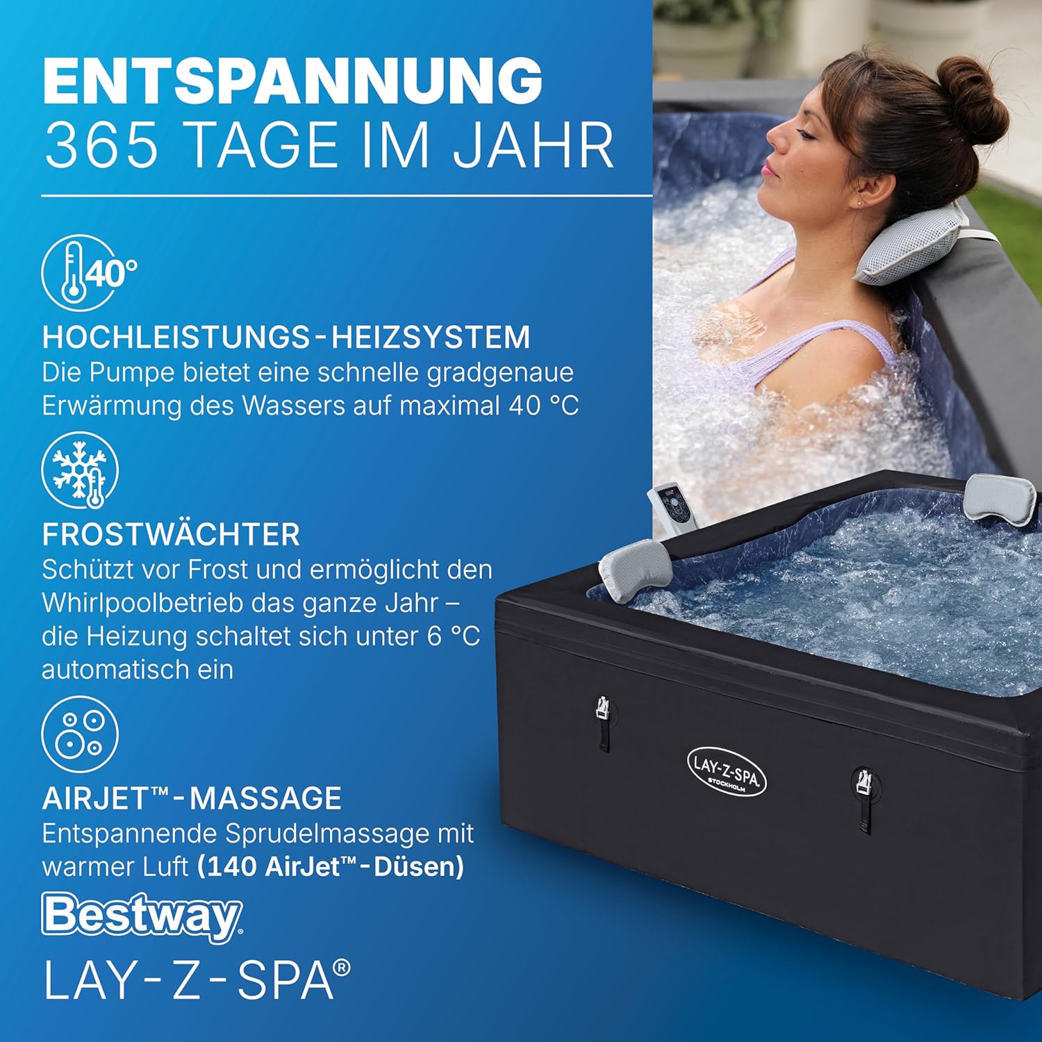 🧼 Zubehör & Pflege – Bestway Lay-Z-SPA Stockholm AirJet Energy-Saving Whirlpool 164 x 164 cm - Smart Pool for 6 People with App Control, 40°C Heating, ThermaCore Insulation & 140 Massage Jets, Winterproof & Black – Bild 5