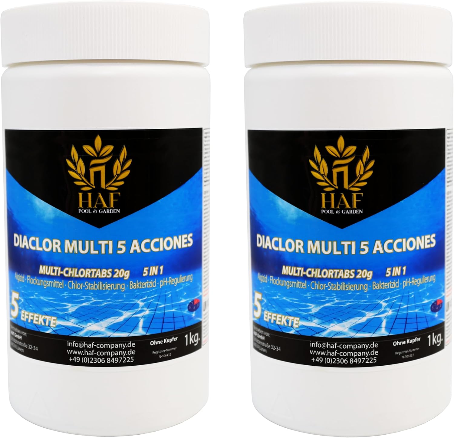 🧼 Zubehör & Pflege – HAF® Pool Chlorine Multitabs 5 in 1 | 2 kg | Slow Dissolving 20g Multi Chlorine Tablets with 5 Phases for Care and Cleaning for Crystal Clear Pool Water - Quality: Made in Europe - Quantity: 2 x 1 kg