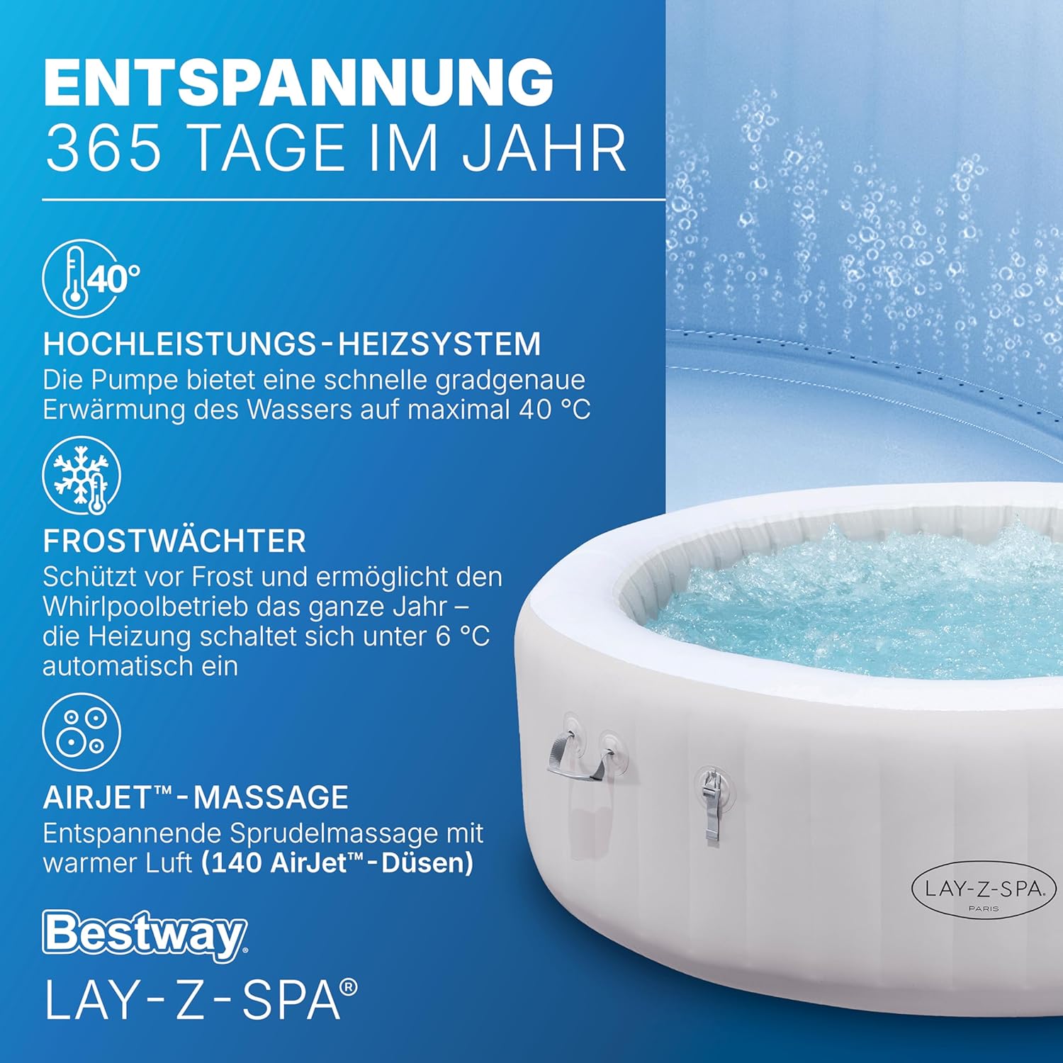 🧼 Zubehör & Pflege – Bestway Lay-Z-SPA Paris AirJet LED Hot Tub, Diameter 196 x 66 cm, Inflatable Spa for 6 People with 140 Nozzles, Heated up to 40°C, Atmospheric LED Lighting for the Garden – Bild 4