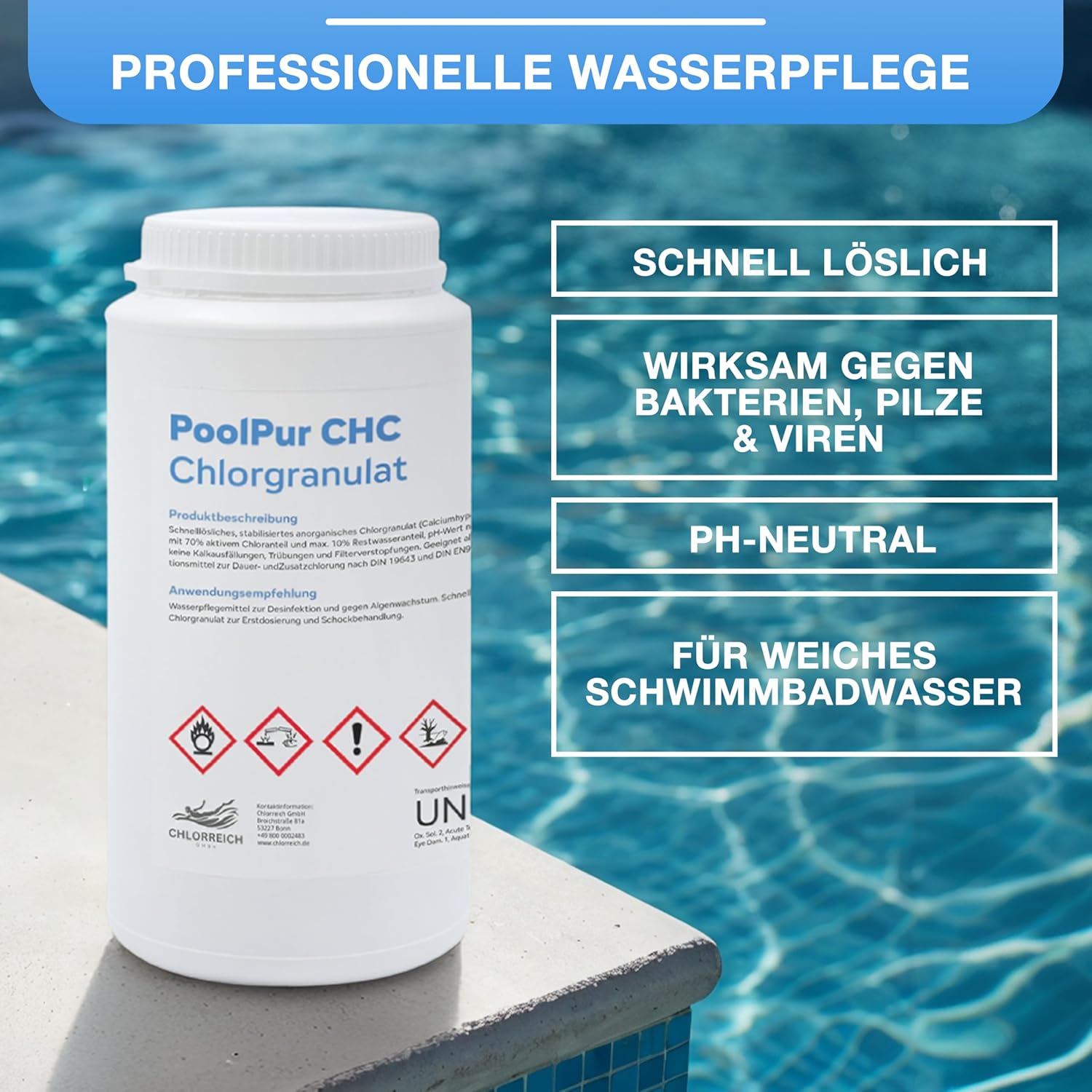 🧼 Zubehör & Pflege – PoolPur CHC Chlorine Granules, Quick Dissolving Disinfectant for Swimming Pools, 2 kg Bucket, pH Neutral, Against Algae and Bacteria – Bild 5