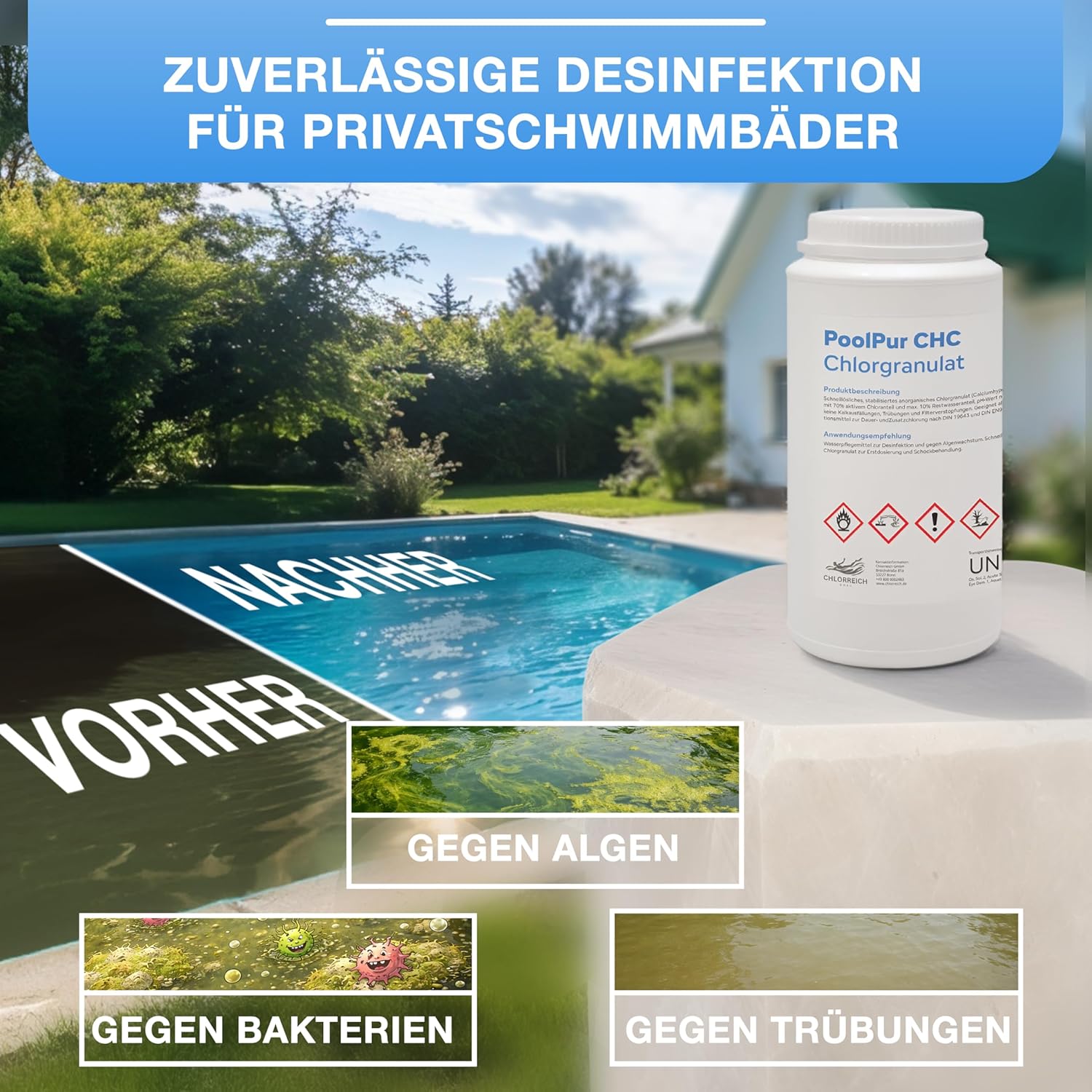 🧼 Zubehör & Pflege – PoolPur CHC Chlorine Granules, Quick Dissolving Disinfectant for Swimming Pools, 2 kg Bucket, pH Neutral, Against Algae and Bacteria – Bild 3