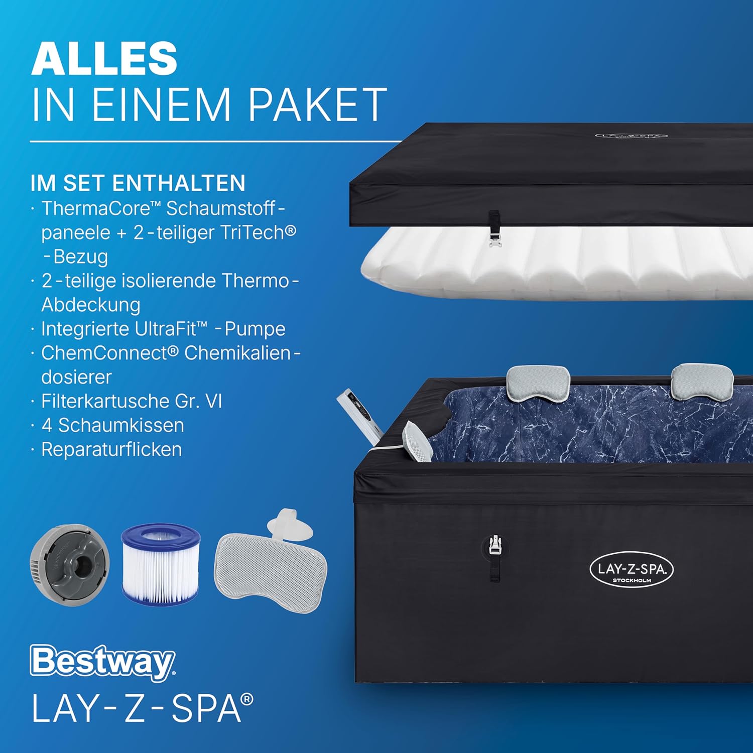 🧼 Zubehör & Pflege – Bestway Lay-Z-SPA Stockholm AirJet Energy-Saving Whirlpool 164 x 164 cm - Smart Pool for 6 People with App Control, 40°C Heating, ThermaCore Insulation & 140 Massage Jets, Winterproof & Black – Bild 10