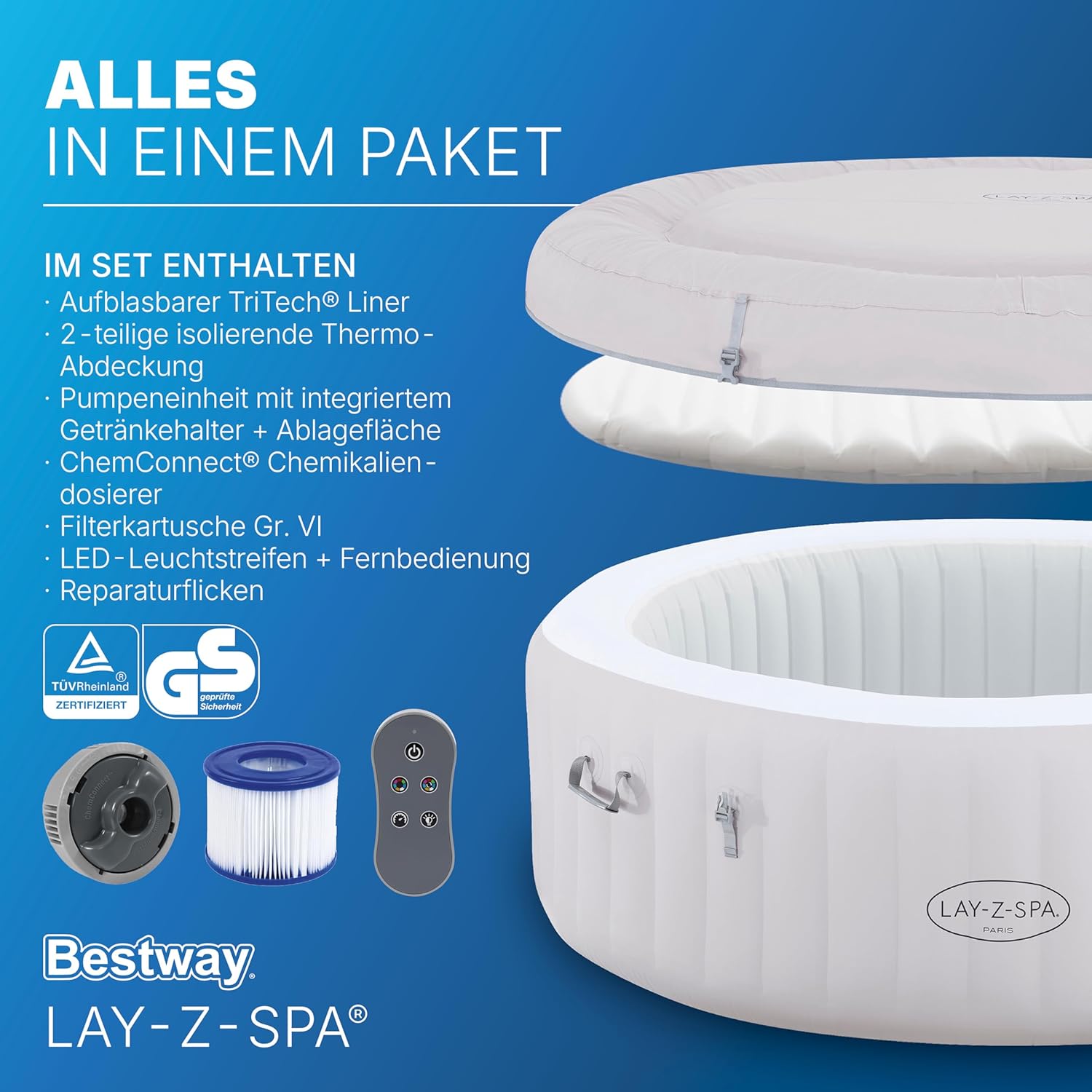 🧼 Zubehör & Pflege – Bestway Lay-Z-SPA Paris AirJet LED Hot Tub, Diameter 196 x 66 cm, Inflatable Spa for 6 People with 140 Nozzles, Heated up to 40°C, Atmospheric LED Lighting for the Garden – Bild 9