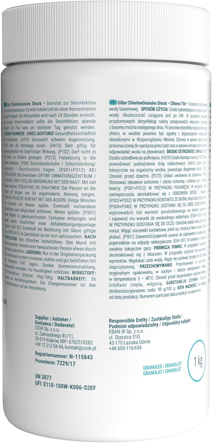 🧼 Zubehör & Pflege – Sillar Shock Chlorine Granules for Pool, Garden Pool, Hot Tub & Swimming Pool - Water Disinfection & Pool Cleaning - 1 kg Granules for Shock Chlorination with Fast Effect - Against Algae & Bacteria – Bild 2
